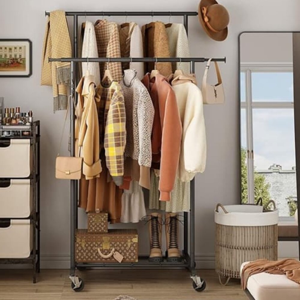 NEW Portable Metal Clothing Rack with 10 Hooks and Shelves,Black, 64.2" Chrome